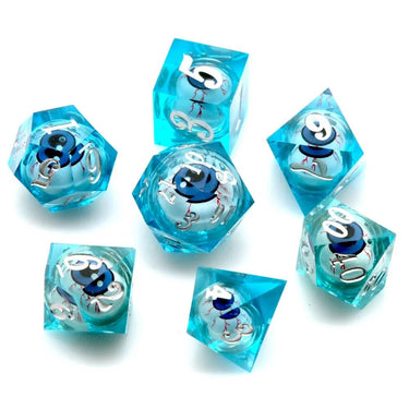 Eye Ball in Clear & Blue Liquid Filled Sharp Resin - 7pcs RPG Dice Set